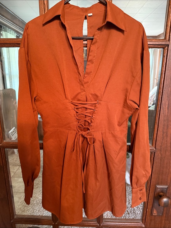 Unbranded Dresses & Skirts - Terracotta Rust Lace‎ Up Corset Mini Dress Long Sleeve Open Back Women Large